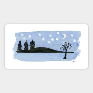 Starry Night Moon, Black Trees Mountains. Painting Art Print  Painting Art Print Fine Art Print from Watercolor Painting Landscape Art Print Starry Night Watercolor Sticker